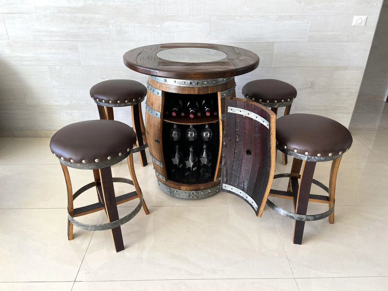 Oak Wine Barrel Whiskey Barrel Pub Table Set, Storage, Bar Stools, Home Bar, Man Cave, Whiskey Cabinet, Whiskey Barrel Bar, Glass Top