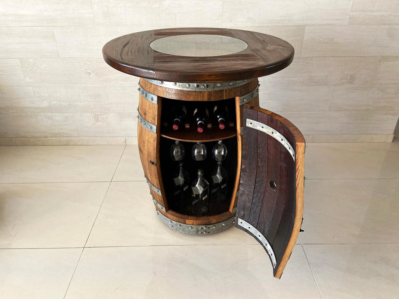 Oak Wine Barrel Whiskey Barrel Pub Table Set, Storage, Bar Stools, Home Bar, Man Cave, Whiskey Cabinet, Whiskey Barrel Bar, Glass Top