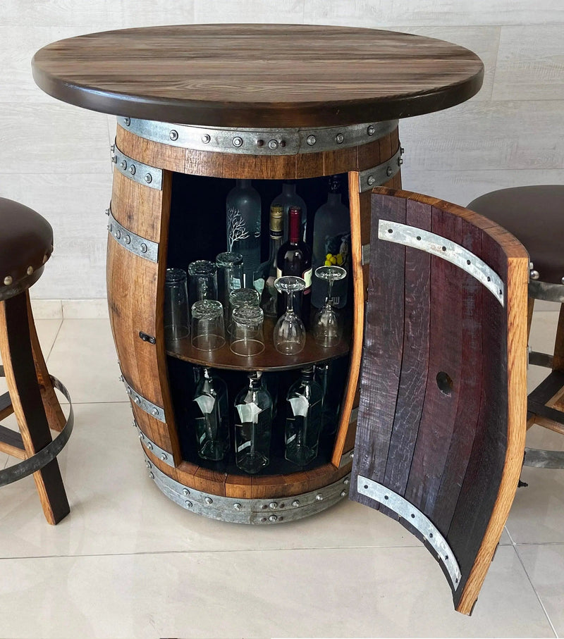 Oak Wine Barrel Whiskey Barrel Pub Table Set, Storage, Bar Stools, Home Bar, Man Cave, Whiskey Cabinet, Whiskey Barrel Bar, Glass Top