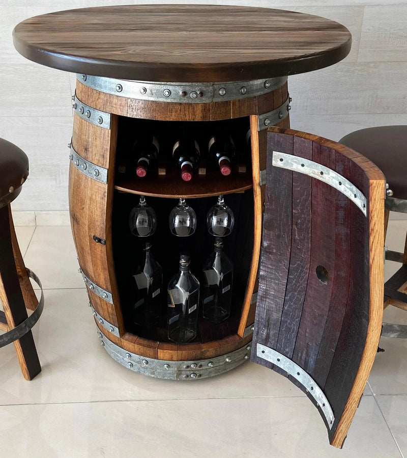 Oak Wine Barrel Whiskey Barrel Pub Table Set, Storage, Bar Stools, Home Bar, Man Cave, Whiskey Cabinet, Whiskey Barrel Bar, Glass Top