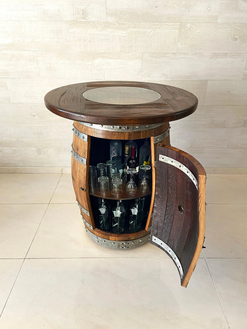 Oak Wine Barrel Whiskey Barrel Pub Table Set, Storage, Bar Stools, Home Bar, Man Cave, Whiskey Cabinet, Whiskey Barrel Bar, Glass Top