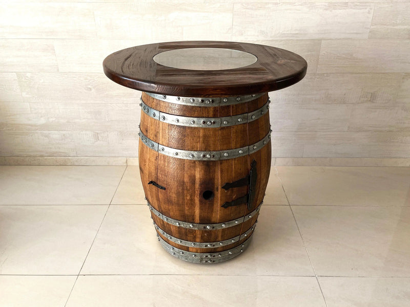 Oak Wine Barrel Whiskey Barrel Pub Table Set, Storage, Bar Stools, Home Bar, Man Cave, Whiskey Cabinet, Whiskey Barrel Bar, Glass Top