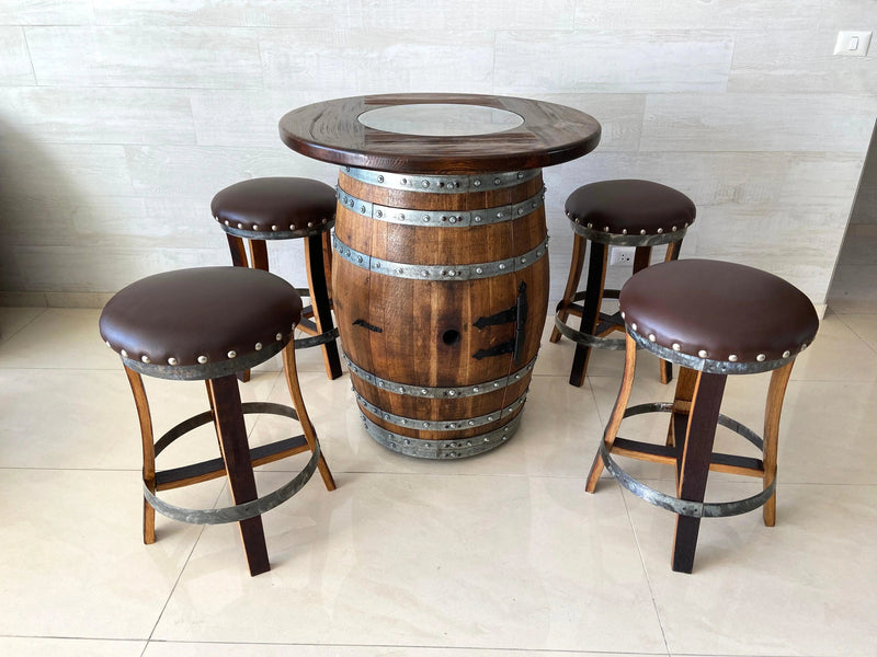 Oak Wine Barrel Whiskey Barrel Pub Table Set, Storage, Bar Stools, Home Bar, Man Cave, Whiskey Cabinet, Whiskey Barrel Bar, Glass Top