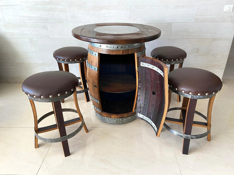 Oak Wine Barrel Whiskey Barrel Pub Table Set, Storage, Bar Stools, Home Bar, Man Cave, Whiskey Cabinet, Whiskey Barrel Bar, Glass Top