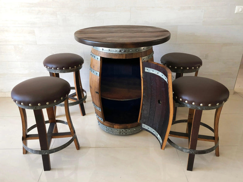 Oak Wine Barrel Whiskey Barrel Pub Table Set, Storage, Bar Stools, Home Bar, Man Cave, Whiskey Cabinet, Whiskey Barrel Bar, Glass Top