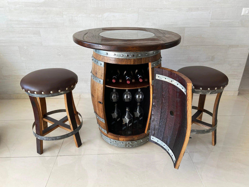 Oak Wine Barrel Whiskey Barrel Pub Table Set, Storage, Bar Stools, Home Bar, Man Cave, Whiskey Cabinet, Whiskey Barrel Bar, Glass Top