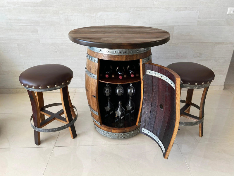 Oak Wine Barrel Whiskey Barrel Pub Table Set, Storage, Bar Stools, Home Bar, Man Cave, Whiskey Cabinet, Whiskey Barrel Bar, Glass Top