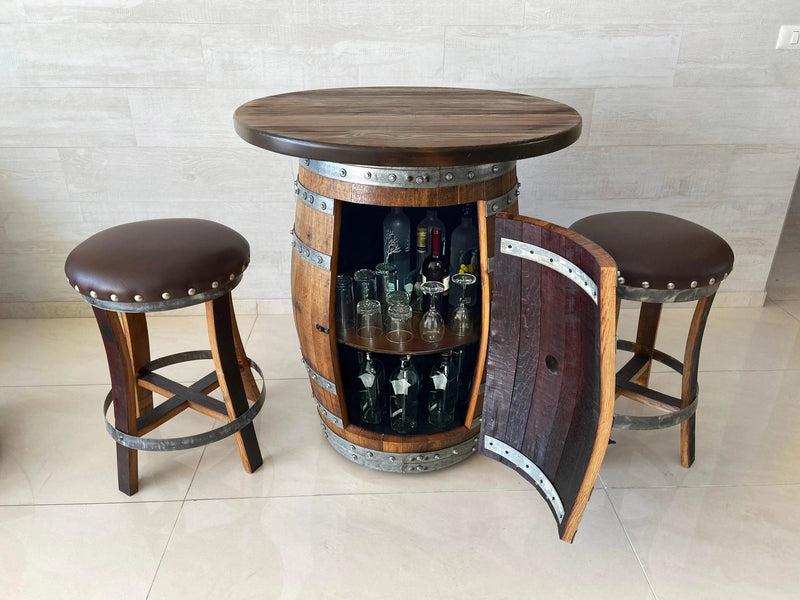 Oak Wine Barrel Whiskey Barrel Pub Table Set, Storage, Bar Stools, Home Bar, Man Cave, Whiskey Cabinet, Whiskey Barrel Bar, Glass Top