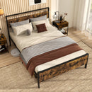Full Metal Bed Frame Industrial Platform Bed with Wooden Headboard-Full Size