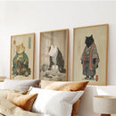 Japanese Ukiyo-e Style Cat Wall Art Set of 3. Tea Ceremony by Wall Art Set