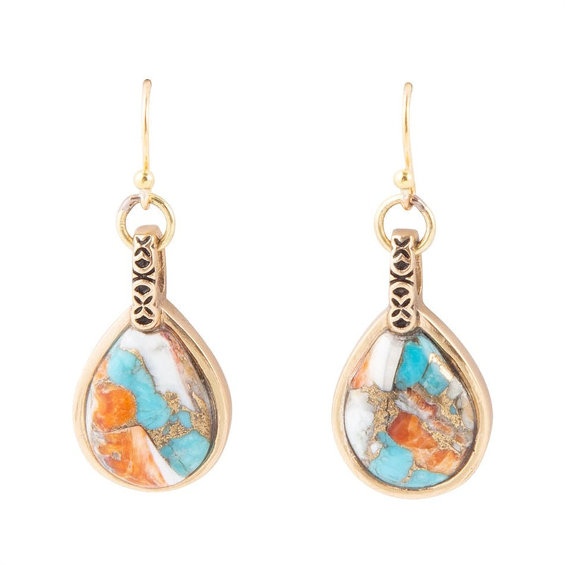 Blue and Orange Turquoise and Spiny Oyster Shell Stone Mix Golden Earrings