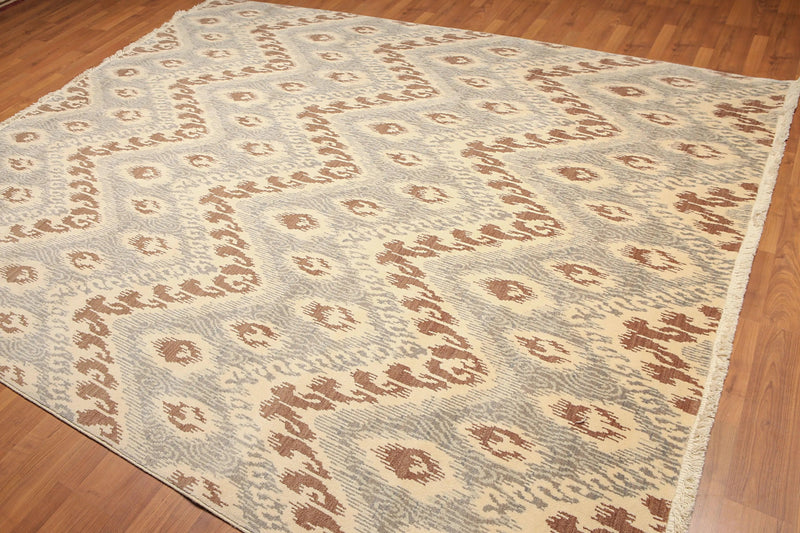 8' x 10' Modern Hand Knotted Ikat Wool Full Pile Oriental Area Rug Ivory