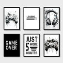 Modern black & white game controller wall art set of 6 bedroom prints by Decorbites