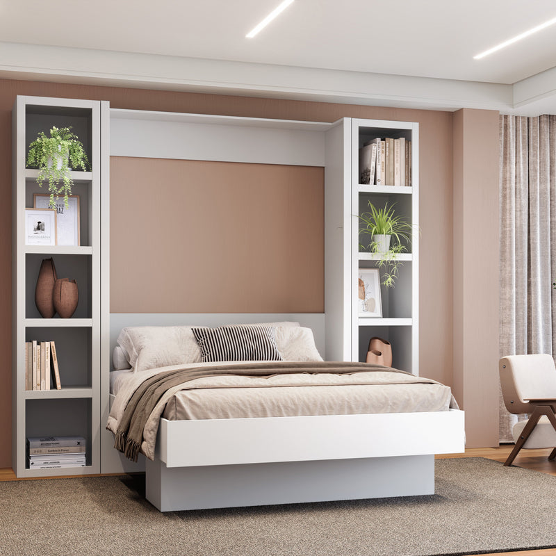 Easy-Lift Full Murphy Wall Bed in White with Two Bookshelves