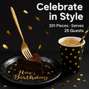 Black & Gold Birthday Dinnerware Set for 25 Guests by LJGDeals