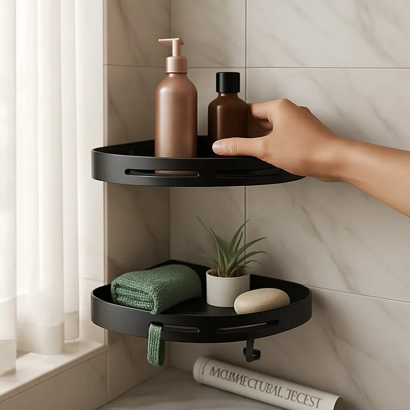Corner Shower Caddy Shelf, Adhesive Wall Mount Organizer, installed in a room