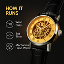 Gold Dial Skeleton Mechanical Watch – Hand-winding Leather by LJGDeals