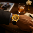 Gold Dial Skeleton Mechanical Watch – Hand-winding Leather by LJGDeals