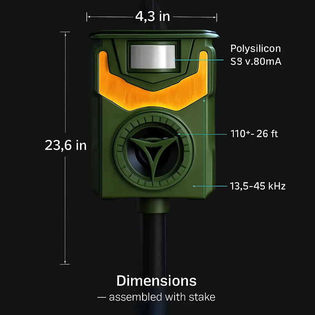 Ultrasonic Solar Animal Repeller with Flame Light, dimensions drawing