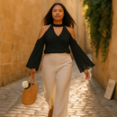 Off-the-Shoulder Blouse with V-Neck and Long Sleeves by LJGDeals