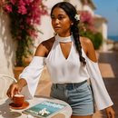 Off-the-Shoulder Blouse with V-Neck and Long Sleeves by LJGDeals