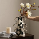 GobekUsa Geometric Check Pattern Ceramic Vase with Handle for Home Decoration