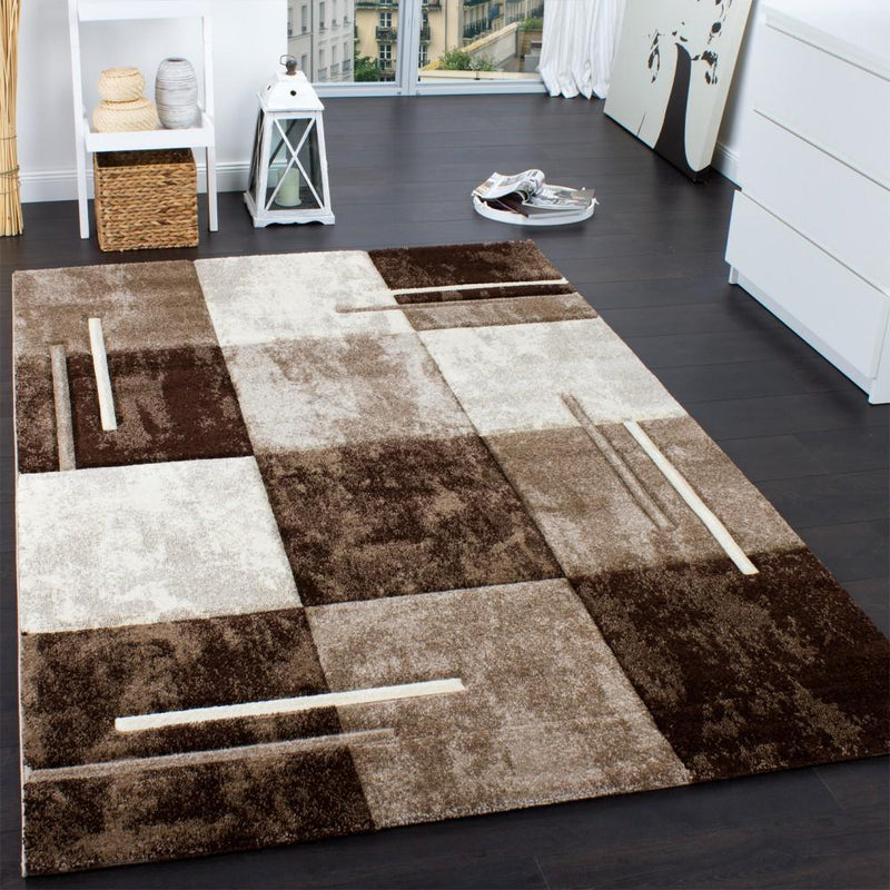 Geometric Designer Rug with Contour Cut - Brown Cream
