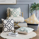 Geometric embroidery cushion cover yellow & teal living room decor by Decorbites