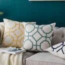 Geometric embroidery cushion cover yellow & teal living room decor by Decorbites