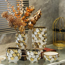GobekUsa Geometric Gold Leaf Relief Ceramic Vase - Elegant Hand-Appliqued Flower Pot Home Decor
