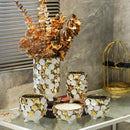 GobekUsa Geometric Gold Leaf Relief Ceramic Vase - Elegant Hand-Appliqued Flower Pot Home Decor