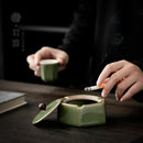 Geometric green ceramic ashtray with lid – office desk decor by Decorbites