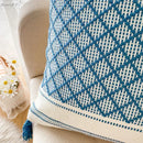 Geometric jacquard tassel cushion cover living room blue diamond decor by Decorbites