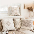 Geometric tufted beige & cream cushion cover living room tassel trim by Decorbites