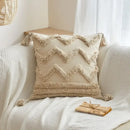 Geometric tufted tassel cushion cover beige & gray living room decor by Decorbites