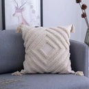 Geometric tufted tassel cushion cover beige & gray living room decor by Decorbites