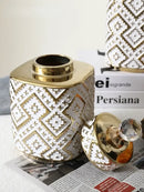 GobekUsa Geometric Golden Relief Decorative Jar - Ceramic Crystal Vase Storage Jar