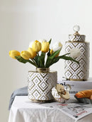 GobekUsa Geometric Golden Relief Decorative Jar - Ceramic Crystal Vase Storage Jar