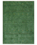 Geometrical Stripes Design Green, Ivory and Charcoal Hand loom 4.6x6.6 wool Area Rug
