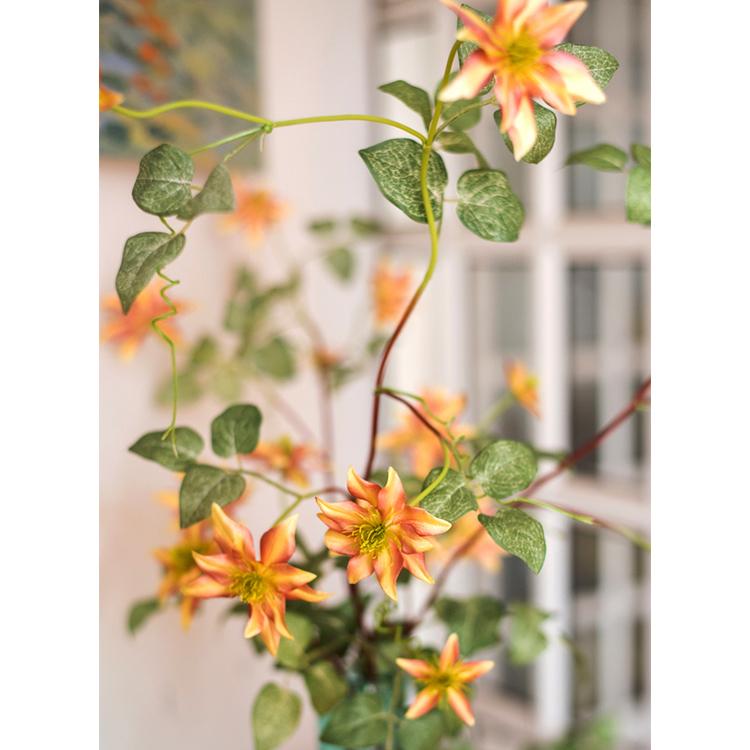 Faux Silk Artificial German Clematis Flower Stem in Orange 40" Tall