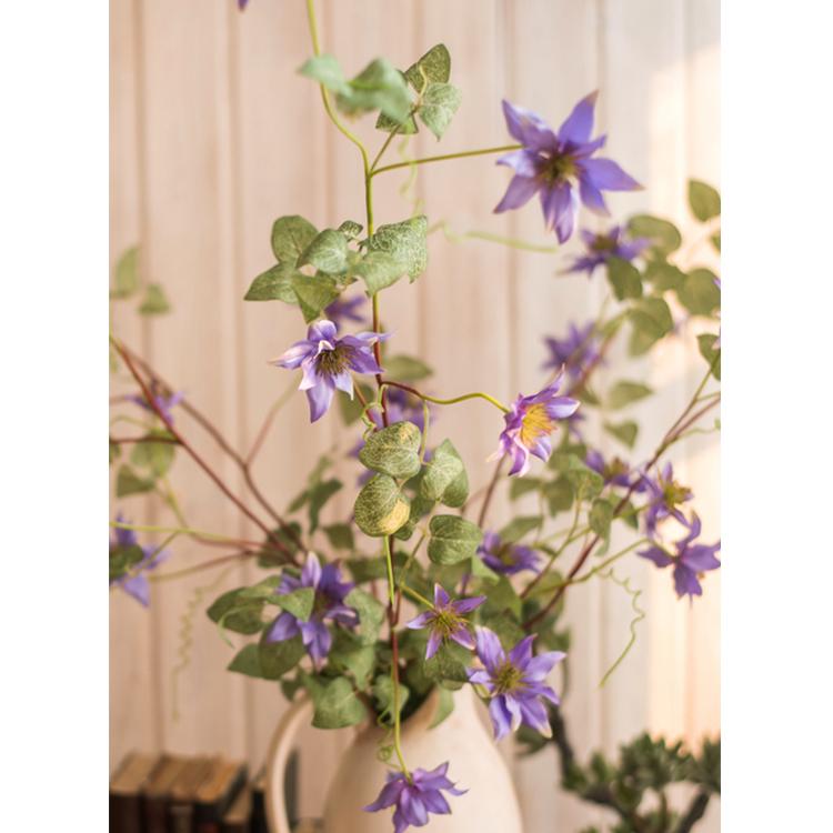 Faux Silk German Clematis Flower Stem in Purple 40" Tall