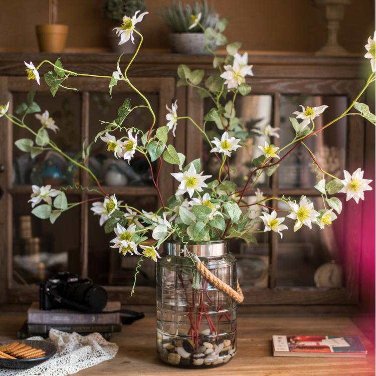 Faux Silk German Clematis Flower Stem in White 40" Tall