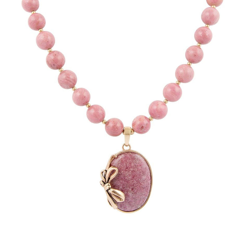 Gifted Pink Rhodonite Gold Bow Beaded Pendant Necklace