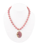 Gifted Pink Rhodonite Gold Bow Beaded Pendant Necklace