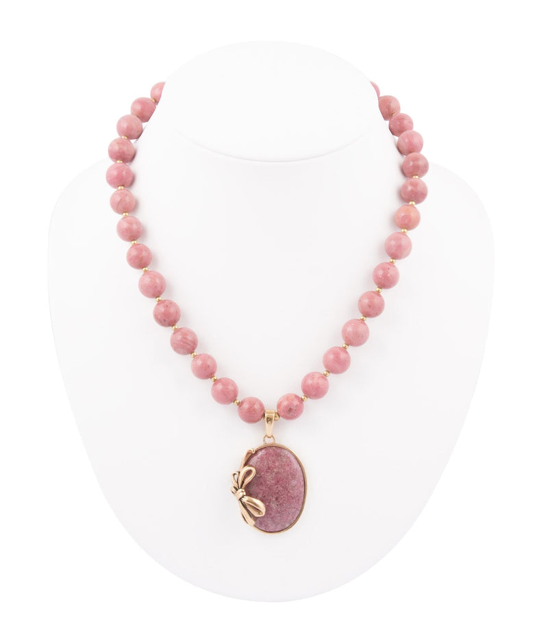 Gifted Pink Rhodonite Gold Bow Beaded Pendant Necklace