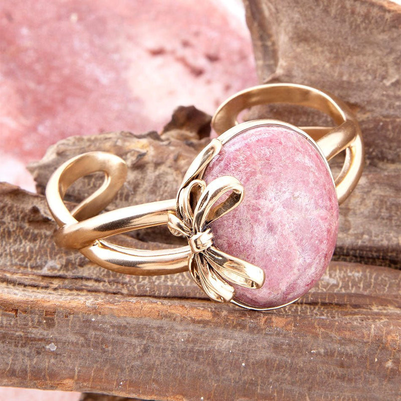 Gifted Pink Rhodonite Golden Bow Cuff Bracelet