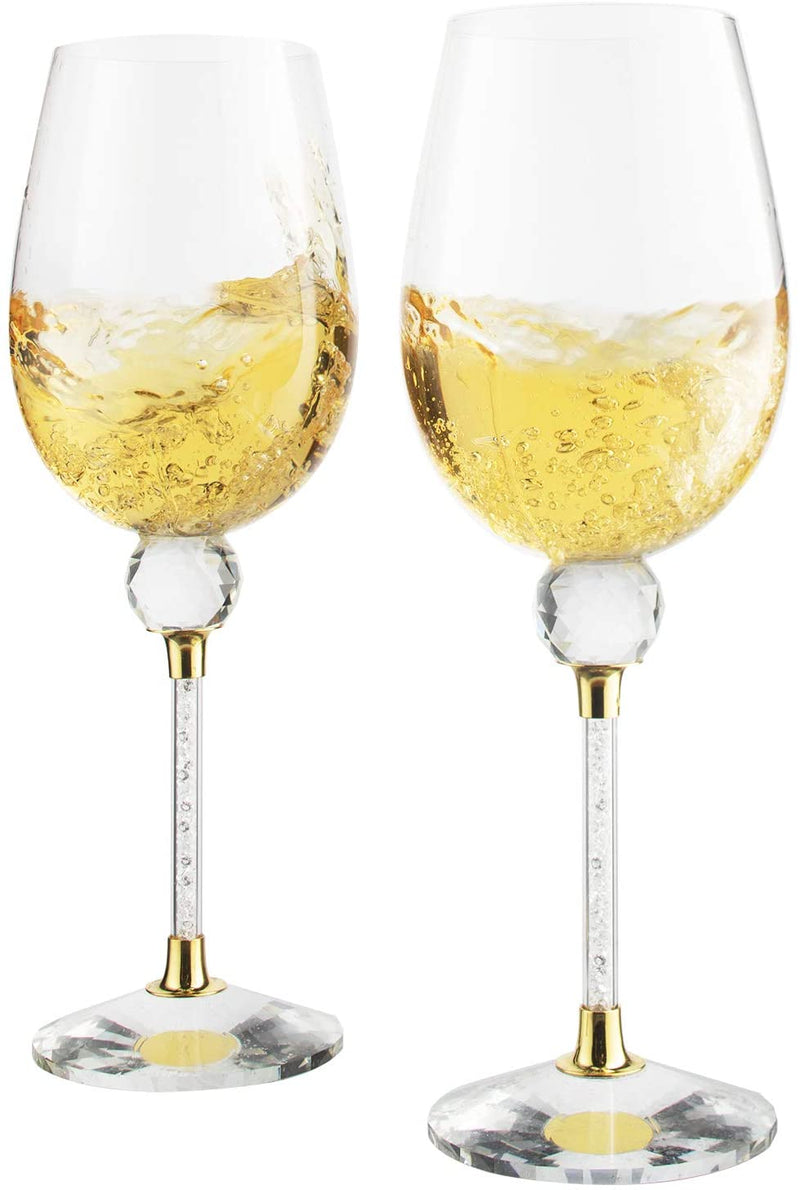 The Wine Savant Rhinestone DIAMOND Studded Wine Glasses 16 Ounces Set of 2 10-inches Tall, Gold and Laser Cut Sparkling Wine Wedding Glasses, Elegant Crystal - For Everyday, Weddings, Parties