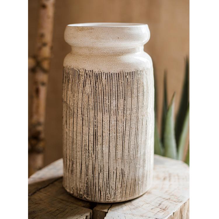 Glazed Ceramic Abstract Brown Stripe White Vase