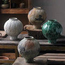 GobekUsa Green Ceramic Spherical Vase Geometric Lattice Design Home Decor Accessory