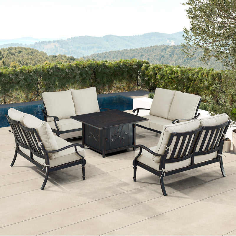 Black Aluminum Fire Table Set with Four Deep Seating Loveseats